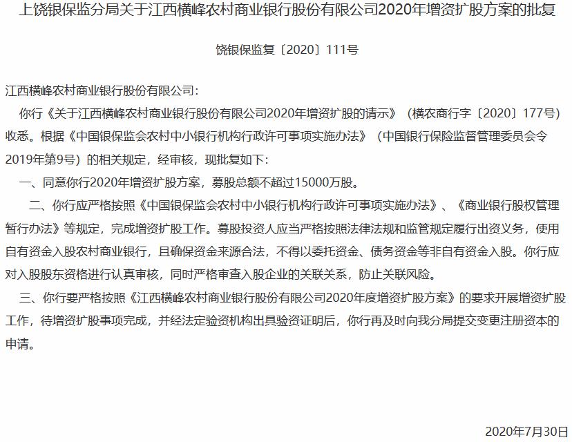 横峰农商银行拟定向募股1.5亿股 方案已获上饶银保监分局同意