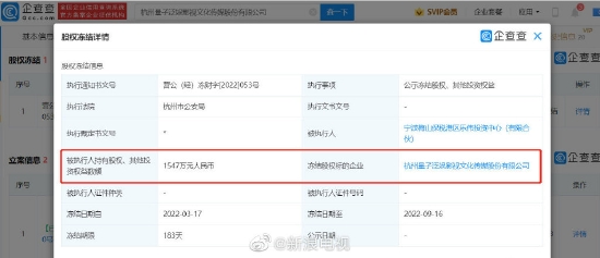南派三叔公司1547万股权被冻结